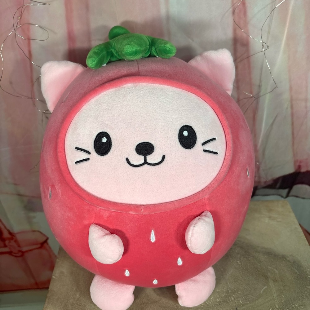 Pink Strawberry Plush Cat Stuffed Toy